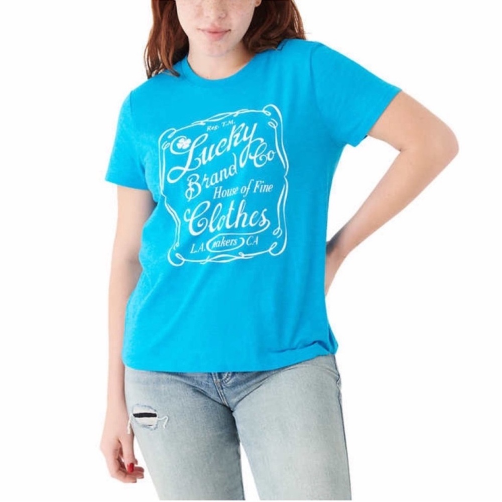 NWT Lucky Brand Ladies Graphic T-shirt BLUE Cotton Summer Printed Casual - Picture 1 of 3